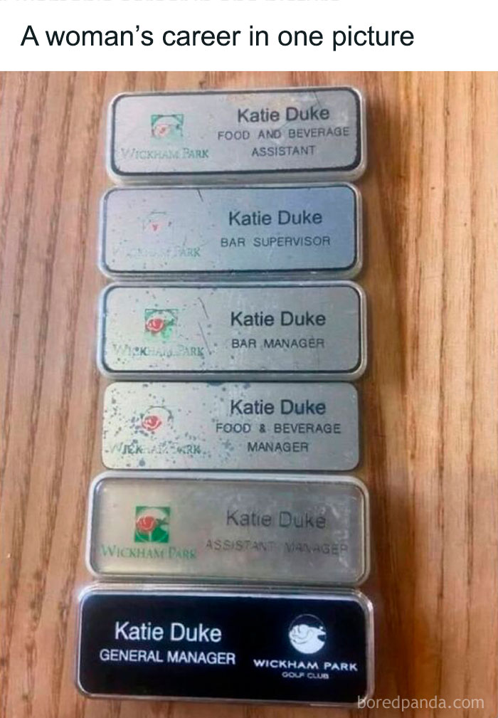 Name badges showing career progression from assistant to general manager, a humorous post to fight boredom with entertaining memes.