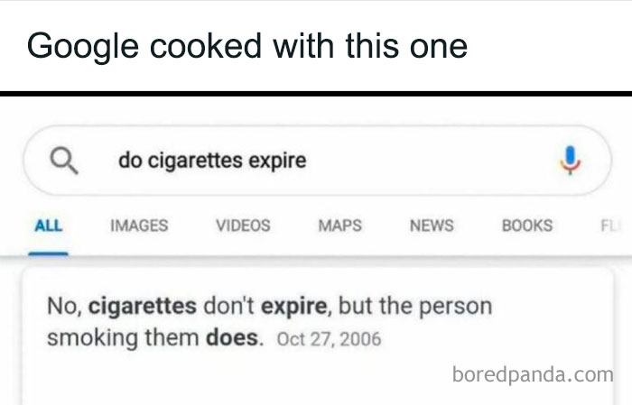 Screenshot of a humorous Google search result about cigarettes not expiring, shared as an entertaining meme to fight boredom.