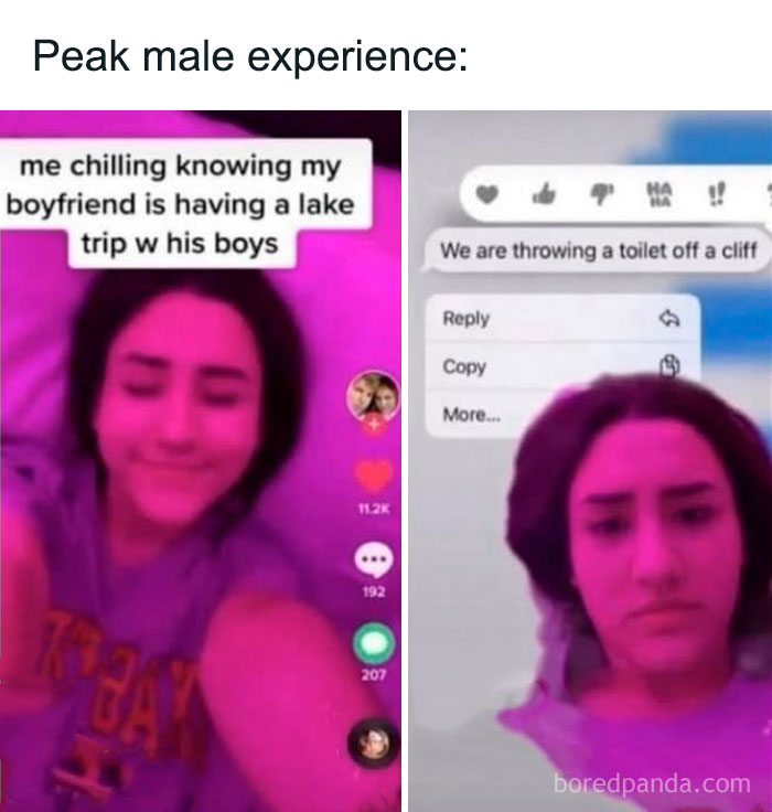 Young woman with varying expressions in memes about boyfriend's lake trip and throwing a toilet off a cliff, entertaining posts and memes.