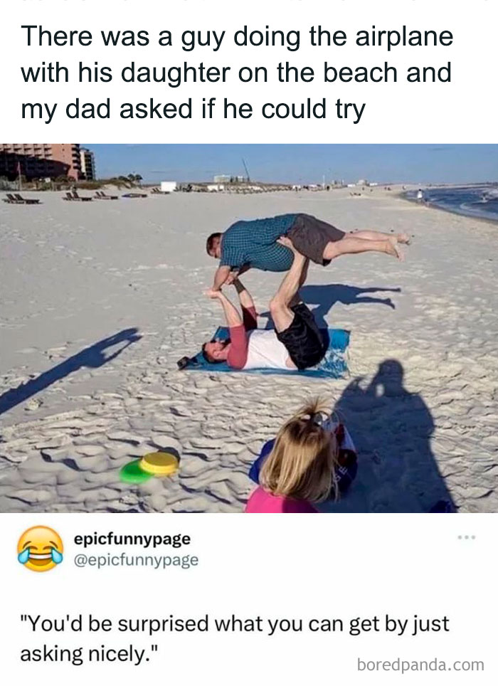 Man doing airplane pose with another man on beach while child watches, capturing fun and entertaining posts to fight boredom.