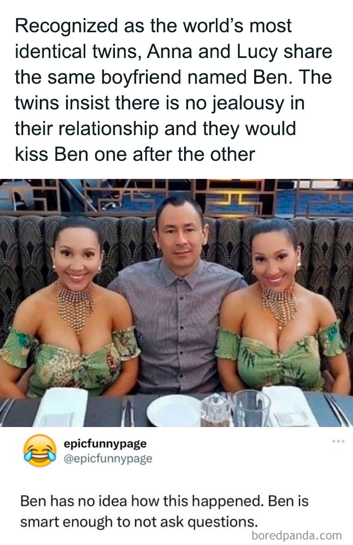 Photo of identical twins and a man at a restaurant, a humorous post from entertaining posts and memes to fight boredom.