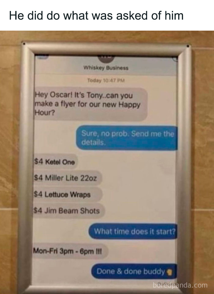 Text message conversation framed as a funny happy hour flyer, showcasing entertaining posts and memes to fight boredom.