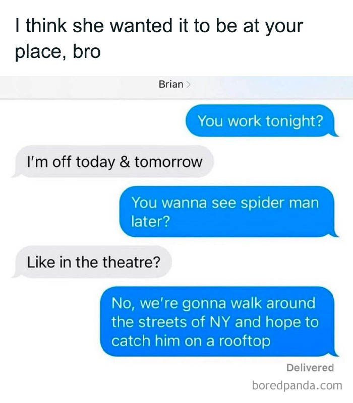 Text message meme about making entertaining plans to walk streets of NY to see Spider Man, helping fight boredom.