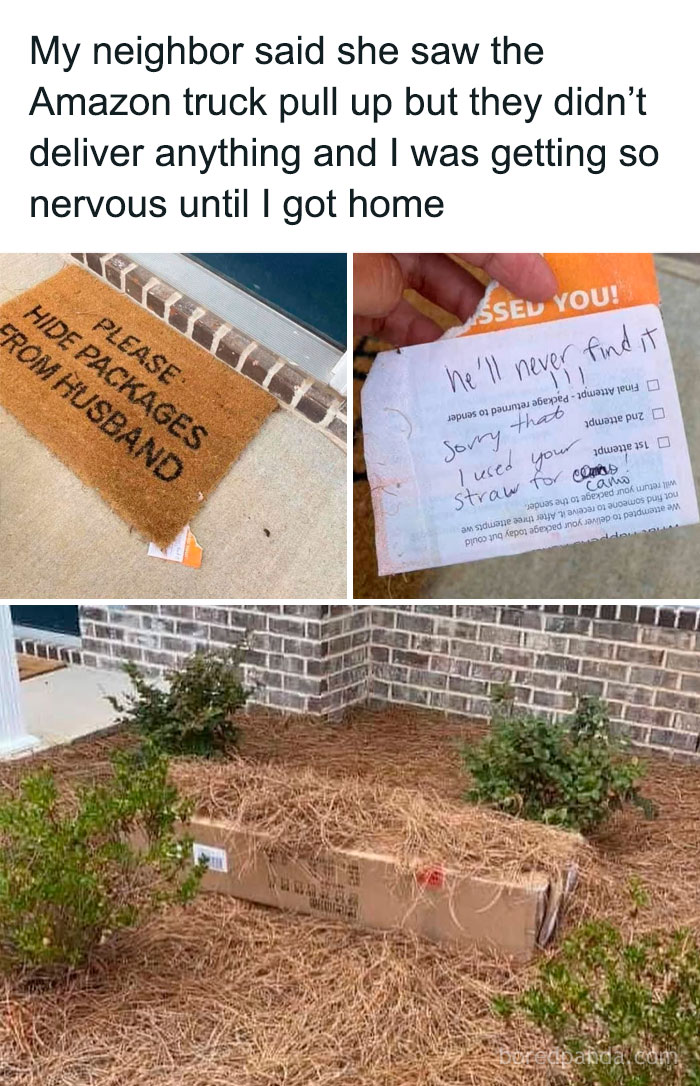 Funny meme about hiding Amazon packages from husband and clever package hiding spot to fight boredom with entertaining posts and memes.