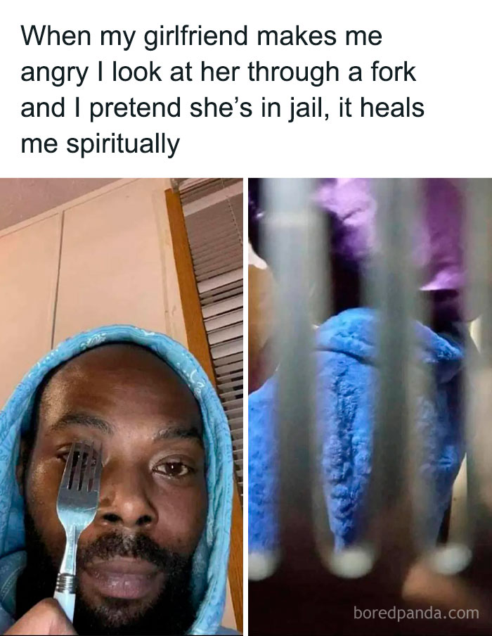 Man holding a fork to his eye pretending girlfriend is in jail, a funny entertaining post to fight boredom.