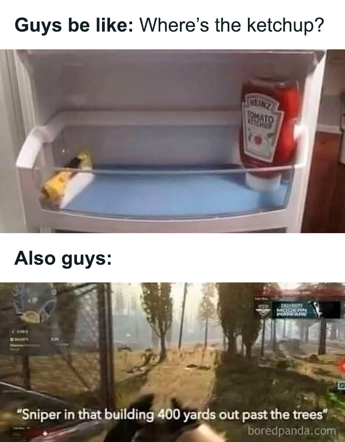 Meme showing empty fridge with ketchup and gaming sniper scene, entertaining posts and memes to fight boredom.