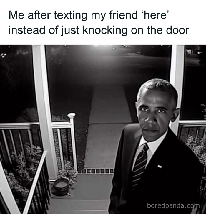 Man in a suit looking serious at a front porch, representing entertaining posts and memes to help fight boredom.