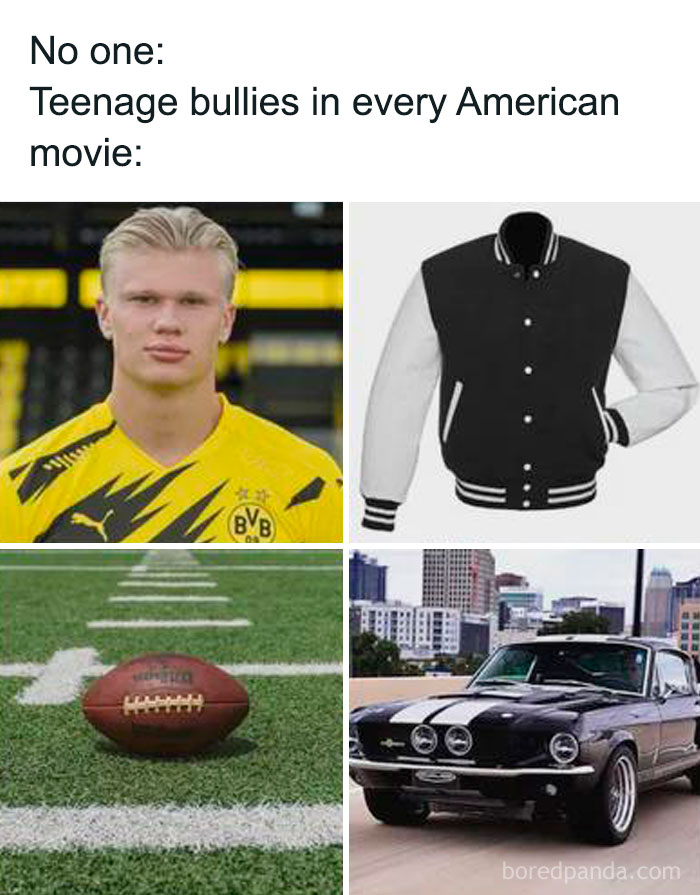 Meme showing teenage bullies in American movies with sports jersey, letterman jacket, football, and classic muscle car.