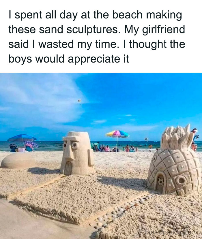 Sand sculptures on the beach with creative designs, part of entertaining posts and memes to help fight boredom.