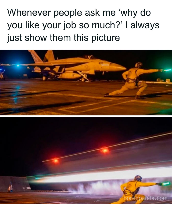 Sailor guiding fighter jet launch on aircraft carrier deck, illustrating entertaining posts and memes about jobs.