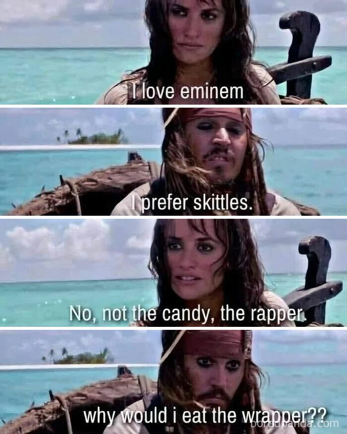 Scene from a pirate movie meme with a pun about Eminem and Skittles, popular among cinephiles and movie meme fans.