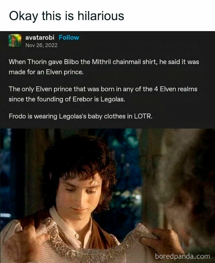 Meme explaining a LOTR costume detail with Frodo wearing Legolas’s baby clothes, a funny moment for cinephiles.