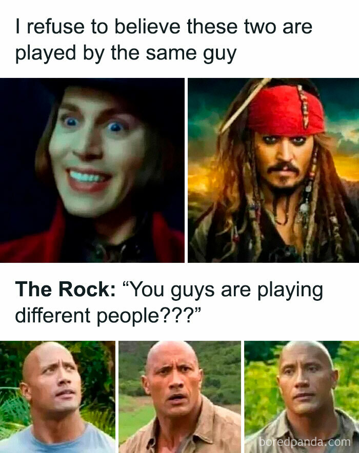 Meme showing actor Johnny Depp in two roles and The Rock confused about actors playing different characters cinephiles humor.