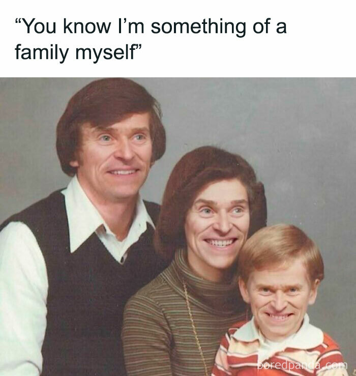 Three people with edited faces in a vintage family photo meme, perfect for hilarious cinephiles to appreciate online humor.