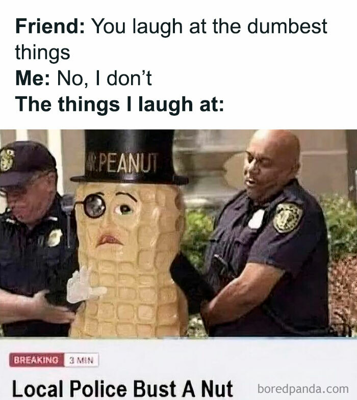 Police officers arresting a peanut mascot in a funny meme, perfect for cinephiles who enjoy hilarious movie humor.