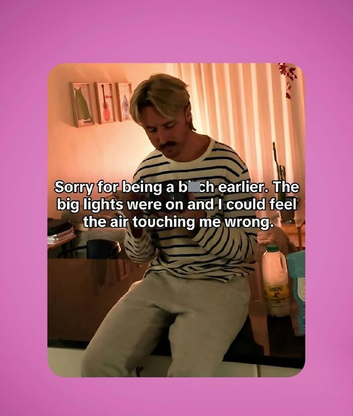 Man in striped shirt sitting indoors with text about sensory issues, representing relatable neurodivergent memes.