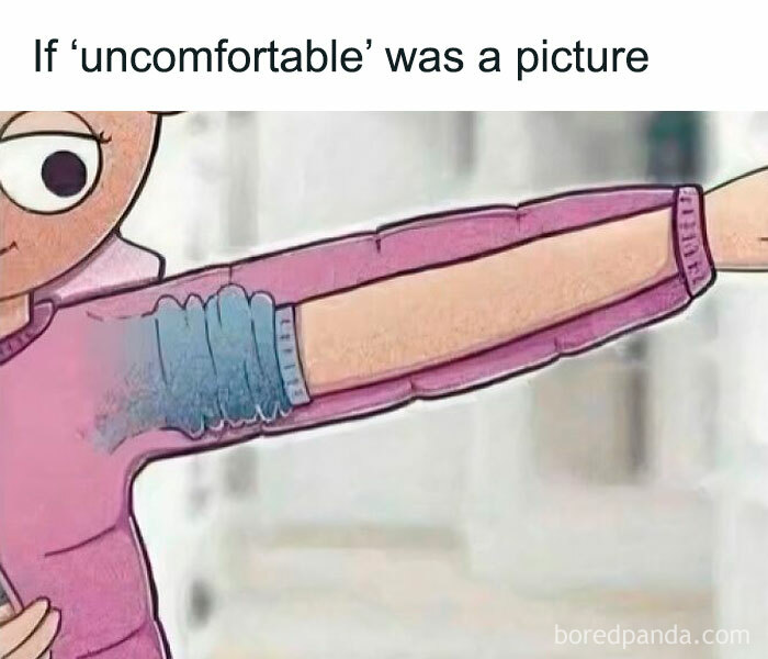 Cartoon character wearing a purple shirt with an inside-out sleeve showing discomfort, relatable to neurodivergent people memes.