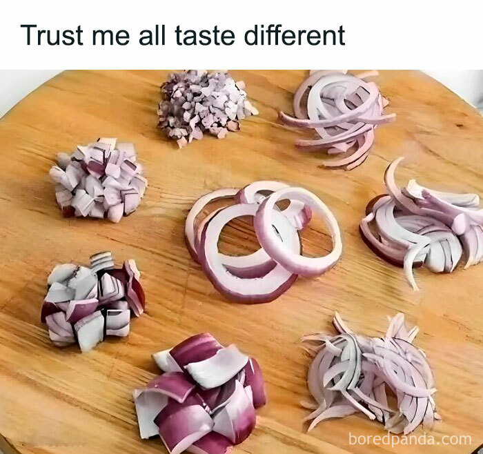 Various styles of chopped onions on a wooden board illustrating a relatable neurodivergent meme about sensory differences.