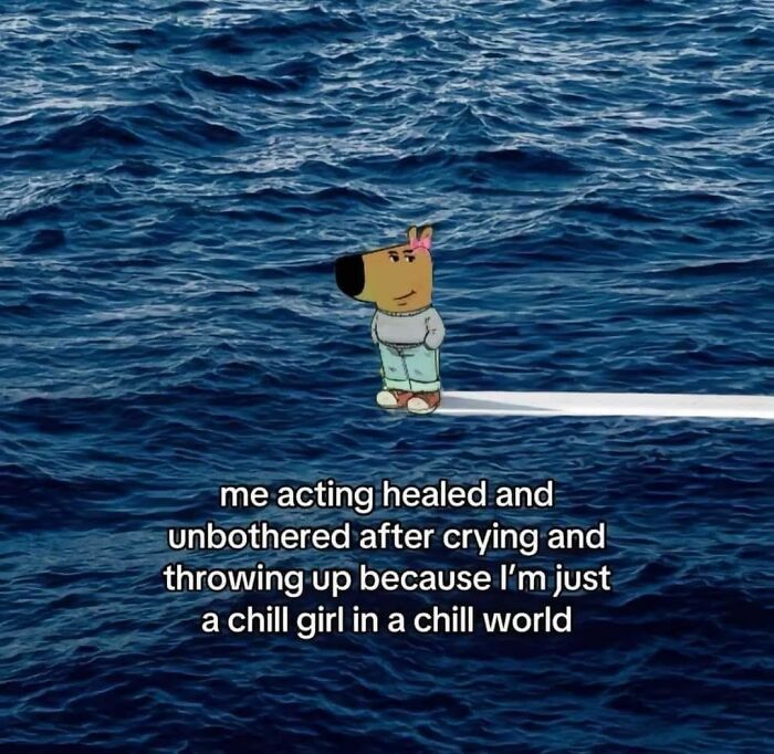 Cartoon dog with a pink bow standing on water, with a relatable neurodivergent meme about acting healed after emotional distress.