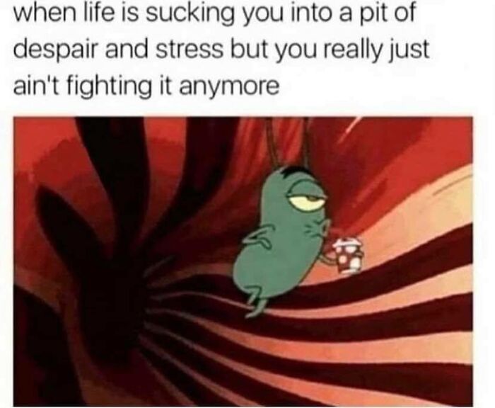 Cartoon character falling into a swirling pit holding a cup, expressing relatable stress emotions for neurodivergent memes.