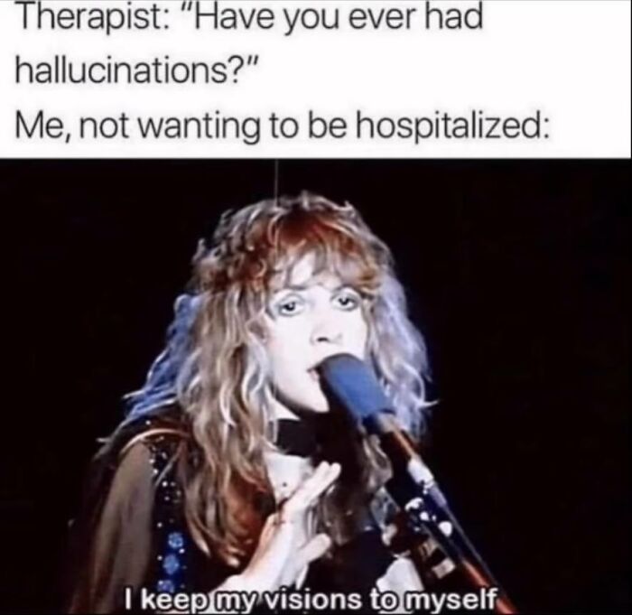 Person with long curly hair speaking into a microphone with caption about hallucinations, relatable neurodivergent meme.