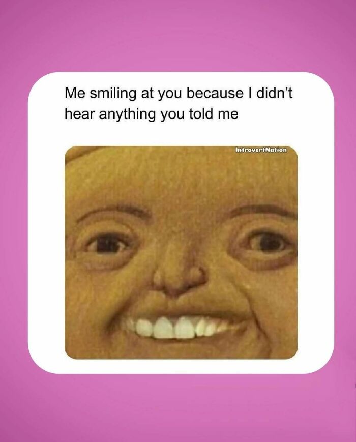 Meme showing a close-up of a smiling face with caption about not hearing anything, relatable to neurodivergent people.