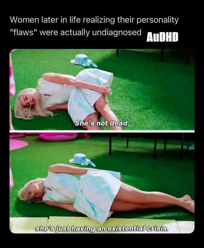 Woman lying on grass realizing personality flaws were undiagnosed AuDHD, relatable neurodivergent meme about existential crisis.