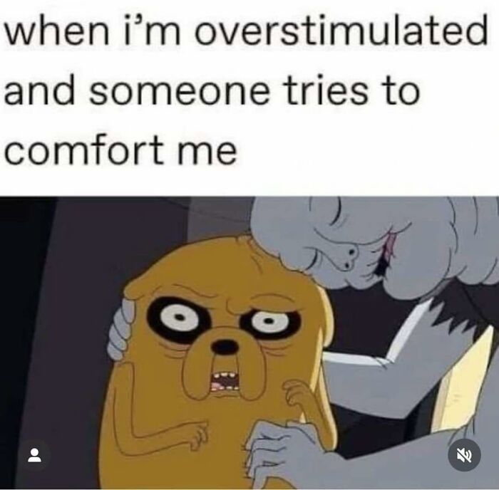 Cartoon dog looking uncomfortable while being comforted, relatable meme about neurodivergent people and overstimulation.