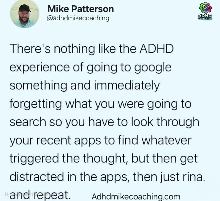 Social media post text about ADHD experience of forgetting Google searches, relatable neurodivergent meme content.