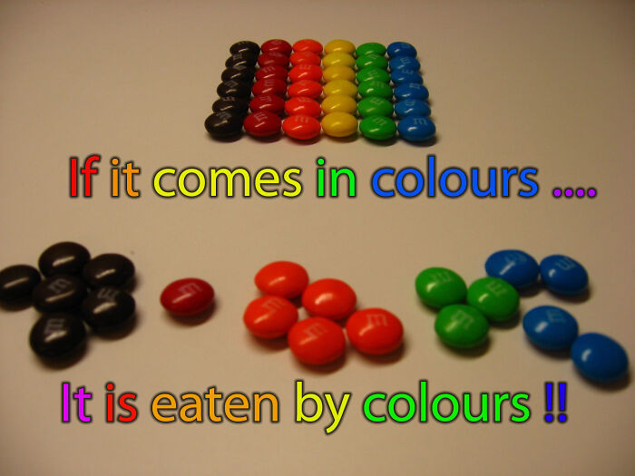 Colorful M&M candies arranged by color with text about colors, relatable to neurodivergent people and memes.