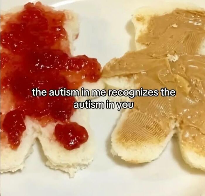 Peanut butter and jelly shaped like two figures with text about autism, illustrating relatable neurodivergent memes.