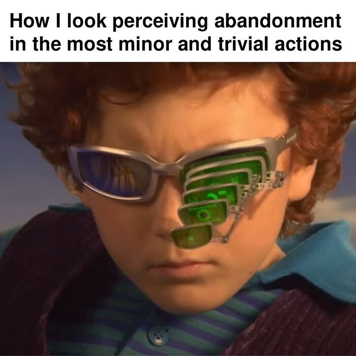 Young person wearing futuristic glasses with multiple layered lenses, illustrating neurodivergent perception humor.