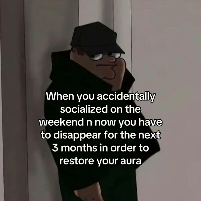 Animated character in dark clothes with meme text about socializing and needing to recover, relatable to neurodivergent people.