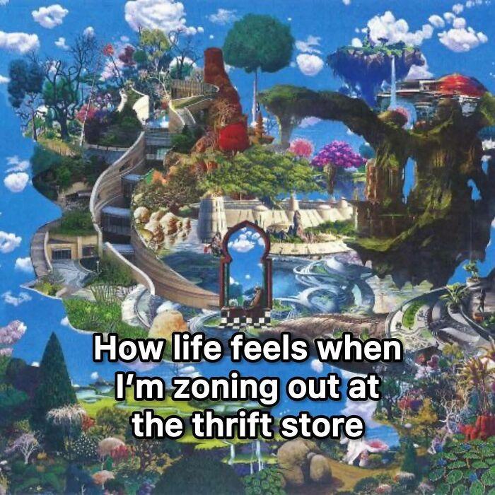 Surreal fantasy landscape illustrating how life feels when zoning out, relatable for neurodivergent people in humorous memes.