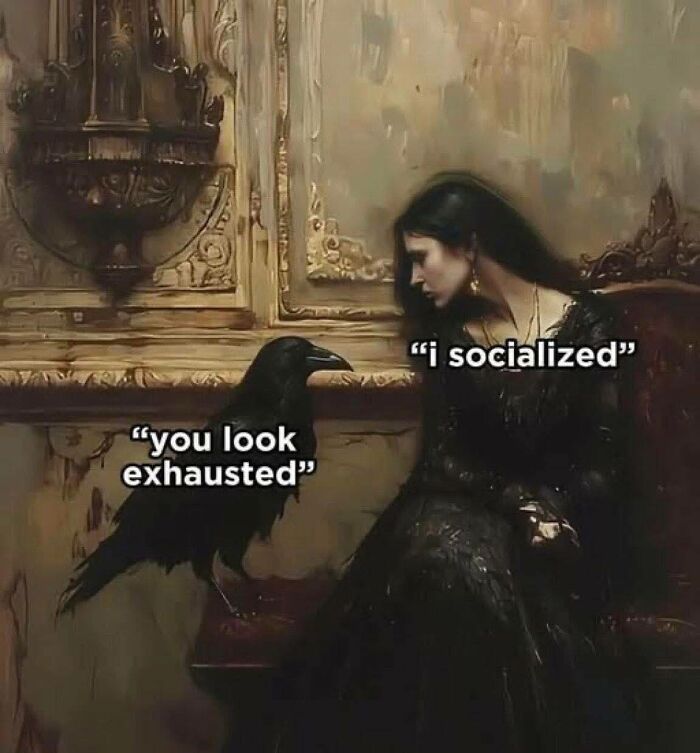 Woman in a dark dress sitting next to a black bird with captions about socializing and feeling exhausted, relatable neurodivergent meme.