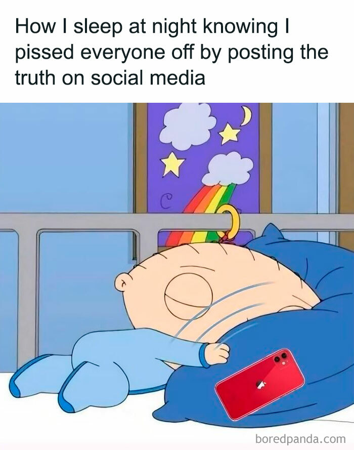 Cartoon character sleeping peacefully with phone nearby, relatable meme for neurodivergent people sharing social media truths.
