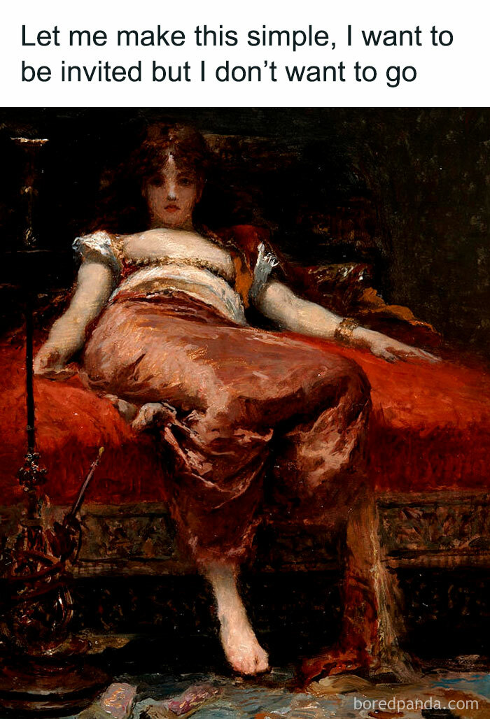 Painting of a woman lounging on a red couch with text about wanting to be invited but not wanting to go, relatable neurodivergent meme.