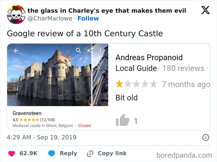 Screenshot of a humorous product and service review of a medieval castle showing a one-star rating and witty comment.