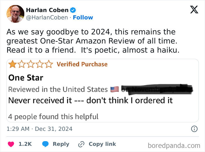 Tweet showing a humorous one-star product review claiming the item was never received in a witty customer review.