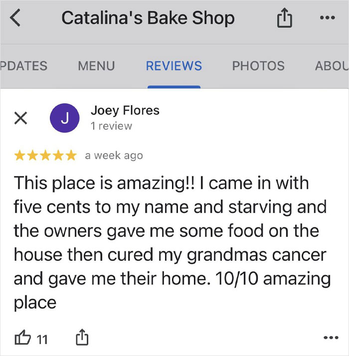Humorous product and service review praising a bake shop with exaggerated compliments and funny storytelling.