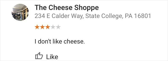 A humorous product review of The Cheese Shoppe showing a 3-star rating with the comment I don’t like cheese.