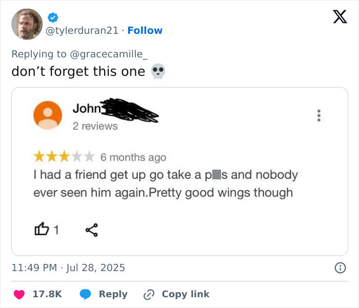 Screenshot of a humorous product review mentioning a friend's disappearance and praising the wings, showcasing immaculate sense of humor.