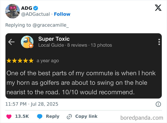 Funny product and service review praising honking horn at golfers with a perfect 5-star rating.