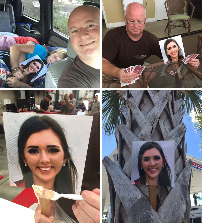 Collage of funny vacation pics featuring a man using a printed photo in unexpected and comedic ways.