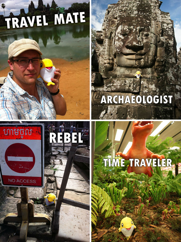 Funny vacation pics showing a plush toy in various travel scenes including archaeological ruins and a dinosaur exhibit.