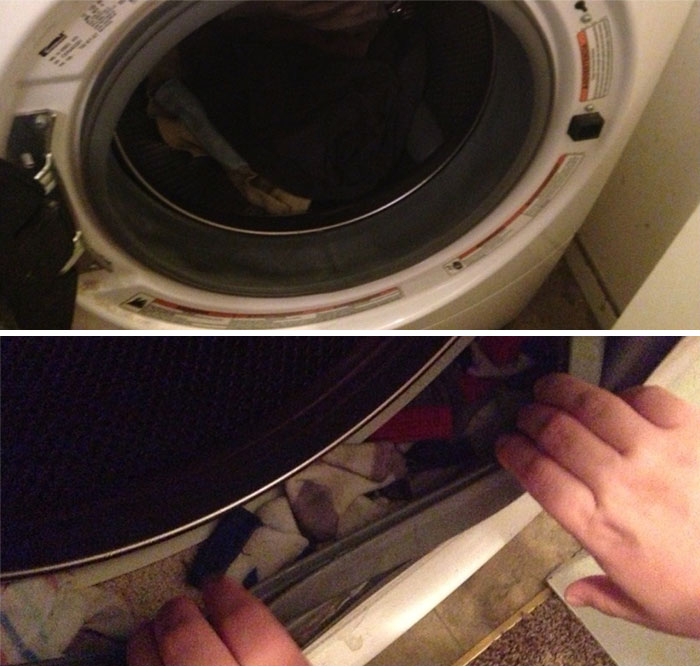 Hands pulling open a dryer door stuck shut with clothes stuck inside, illustrating funny ways people learned their lesson.