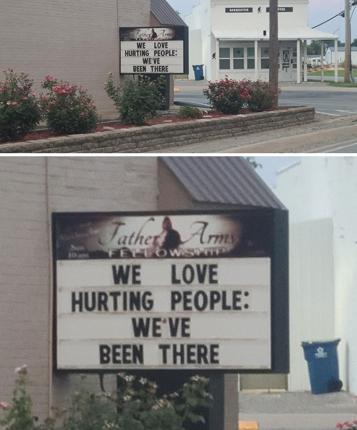 Church sign humorously admitting to hurting people, illustrating funny ways people learned their lesson in everyday life situations.