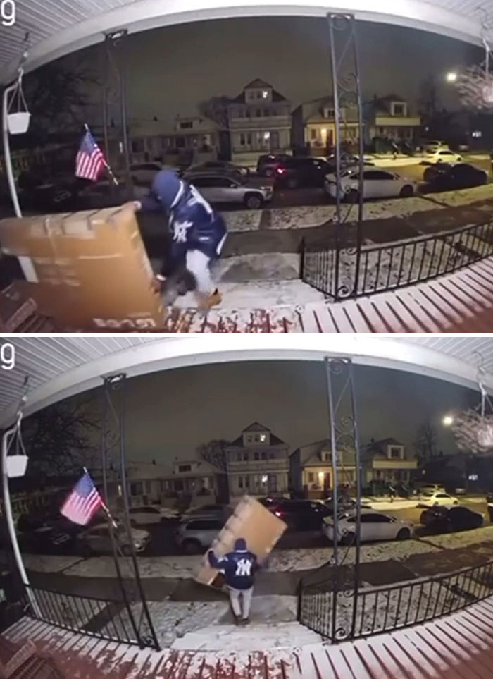 Person carrying a large box down snowy steps at night, a funny way people learned their lesson captured on camera.