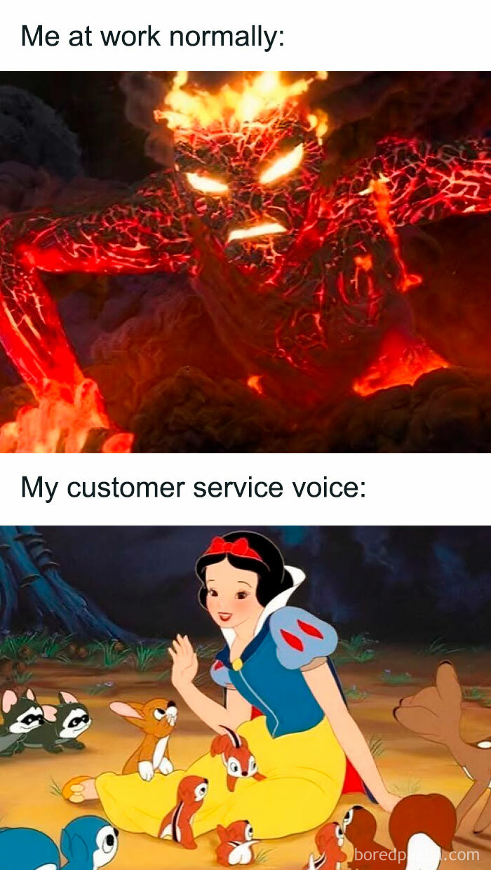 Meme showing fiery angry character versus friendly Snow White illustrating work memes about customer service voice.