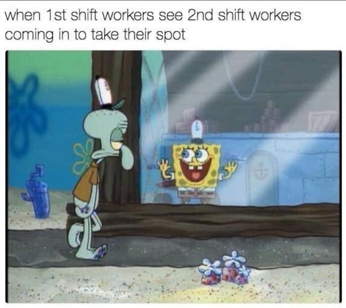 Squidward looking tired outside a restaurant window while SpongeBob happily arrives, illustrating funny work memes.